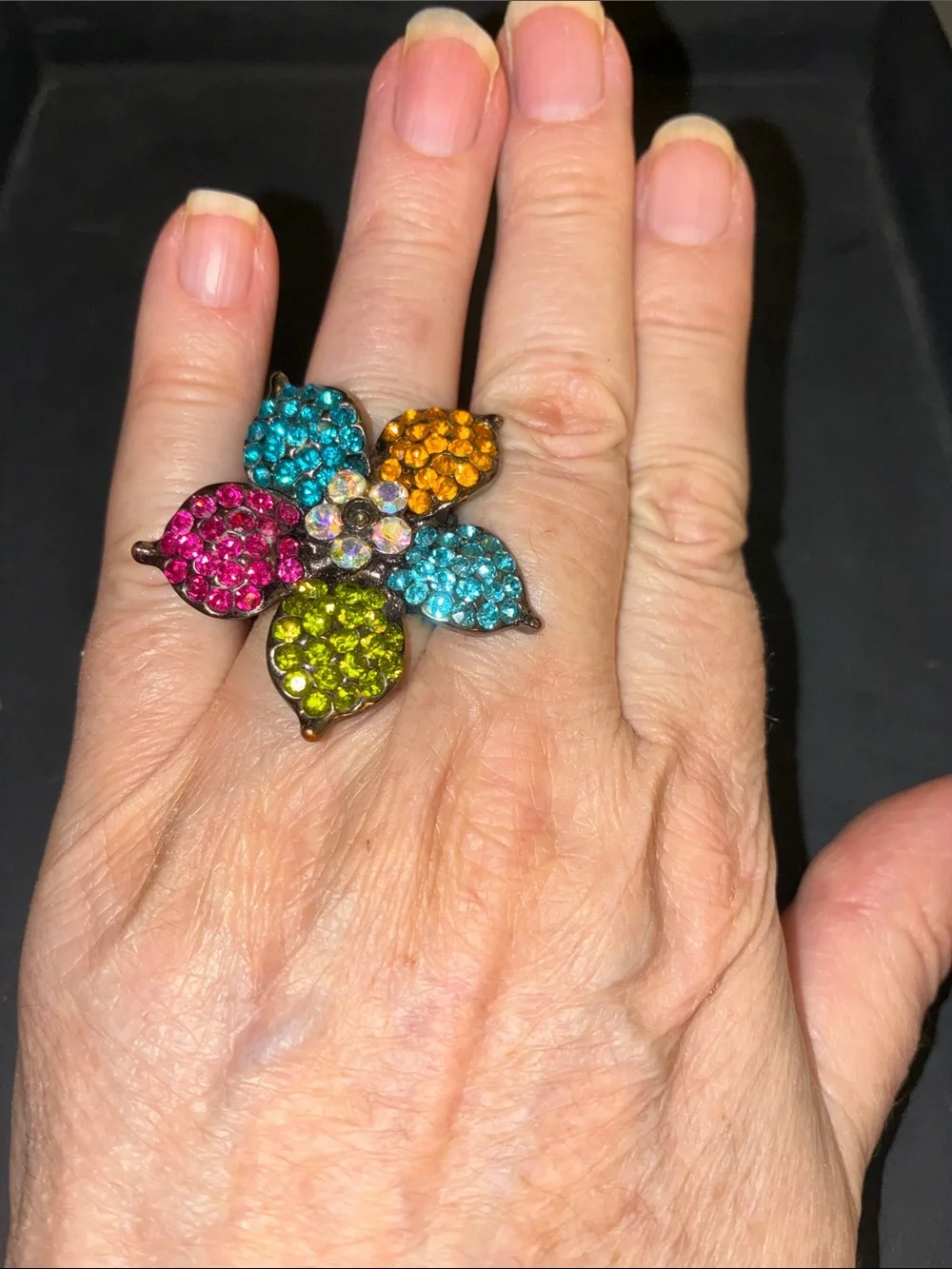 Multicolor Crystal Flower Cocktail Stretch Ring